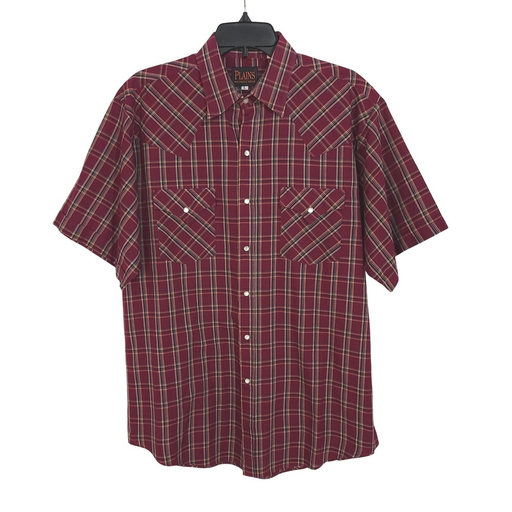 Plains Western Wear Plaid Short Sleeve Pearl Snap Shirt Mens Large Burgundy